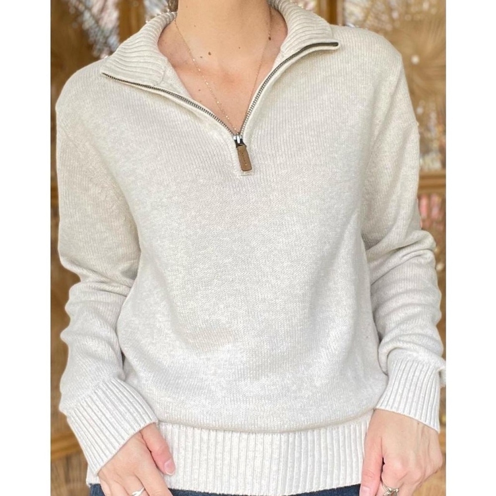 St. John’s Bay Cream Tone Quarter Zip Mockneck Cotton Knit Sweater M